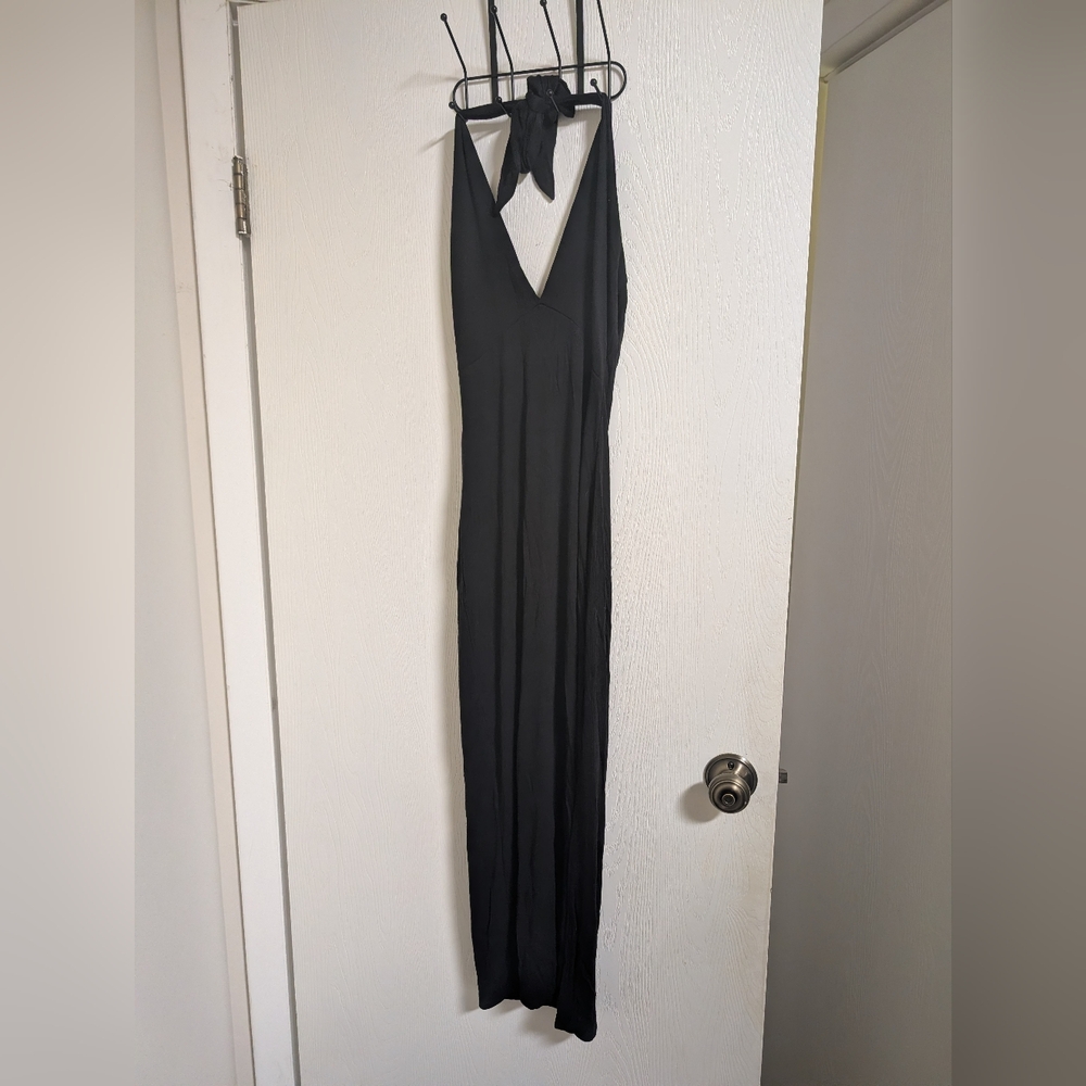 See You Monday Black Halter Maxi Dress with V-Neck and Slit